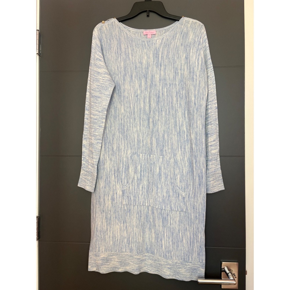 Lilly Pulitzer Blue Space Dye Sweater Dress Long Sleeve Gold Button‎ Shoulder S